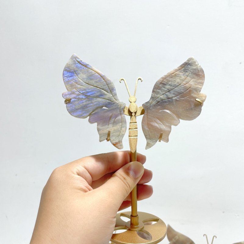 4 Pairs Sunstone Mixed Moonstone Butterfly Wing Carving With Stand - Wholesale Crystals