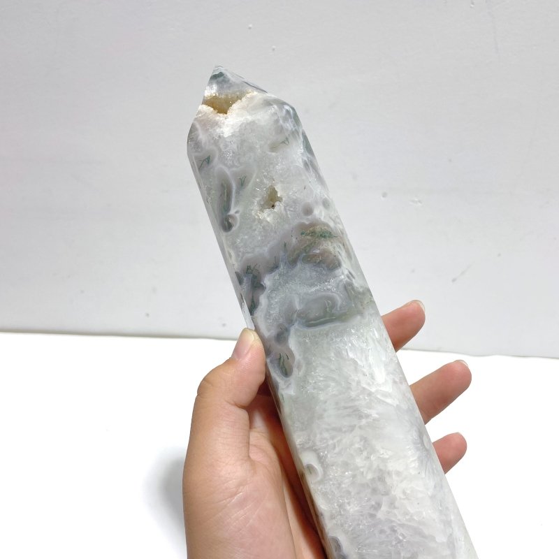 4 Pieces Tall Geode Druzy White Moss Agate Tower Points - Wholesale Crystals