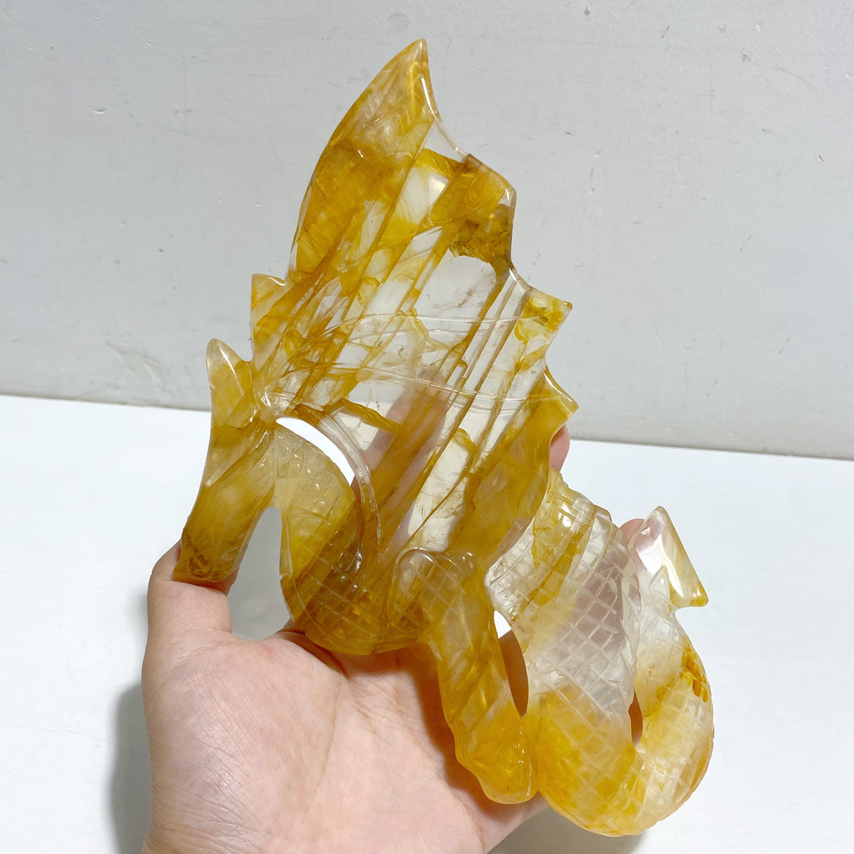 Hematoid Quartz Golden Fire Quartz Flying Dragon Carving With Stand