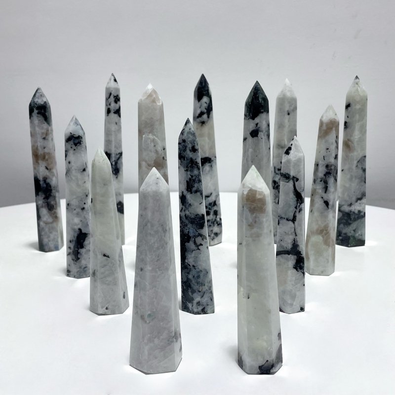 4.3 - 5.5in India Moonstone Tower Point Hexagonal Pyramid Shape Wholesale - Wholesale Crystals