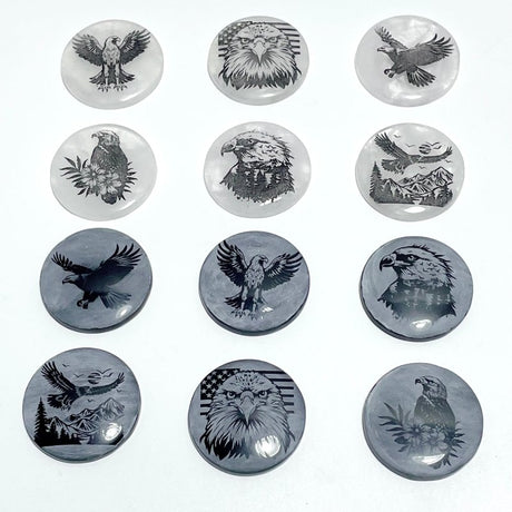 4cm Black Obsidian Clear Quartz Engraved Eagle Round Slices DIY Wholesale - Wholesale Crystals