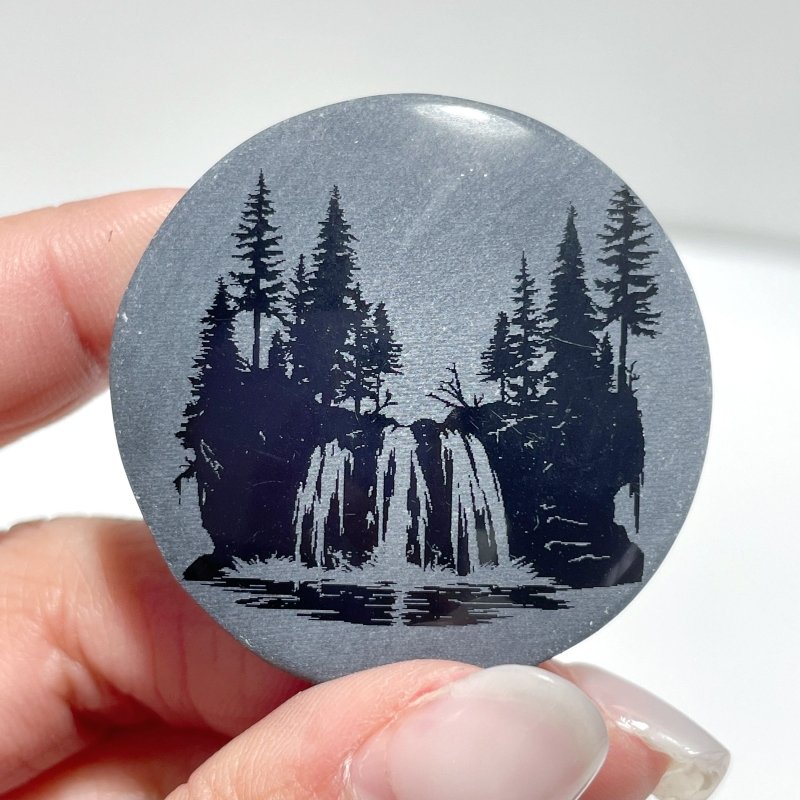 4cm Black Obsidian Forest Landscape Engraved Round Slices DIY Wholesale - Wholesale Crystals