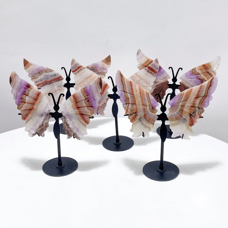 5 Pairs Beautiful Amethyst Mixed Stripe Agate Butterfly Wing Carving With Stand - Wholesale Crystals