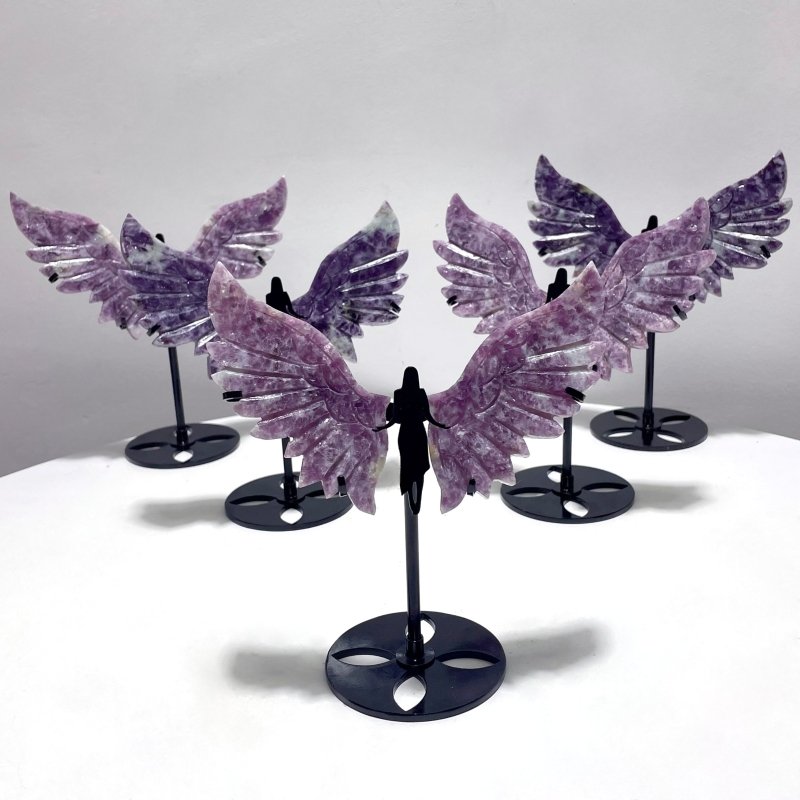 5 Pairs Lepidolite Angel Wing Carving With Stand - Wholesale Crystals