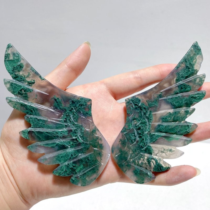 5 Pairs Moss Agate Pegasus Wing Carving With Stand - Wholesale Crystals