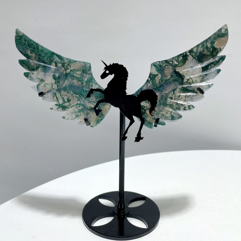 5 Pairs Moss Agate Pegasus Wing Carving With Stand - Wholesale Crystals