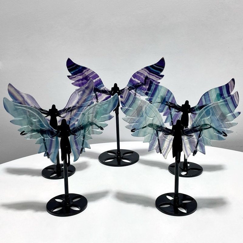 5 Pairs Rainbow Symmetry Fluorite Angel Wing With Stand - Wholesale Crystals