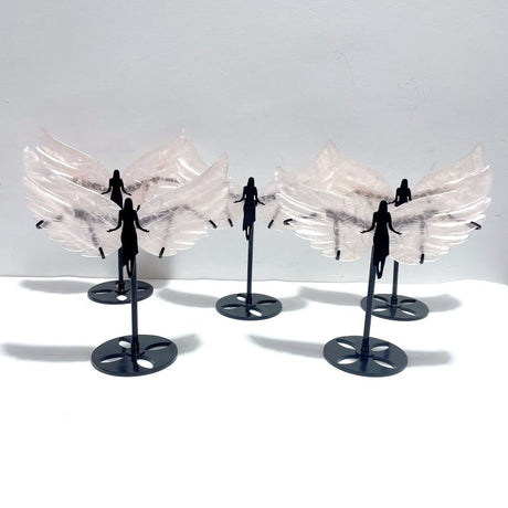 5 Pairs Unique Rose Quartz Angel Wing Carving With Stand - Wholesale Crystals