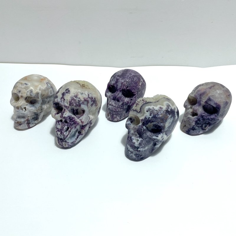 5 Pieces Druzy Geode Purple Fluorite Skull Carving - Wholesale Crystals