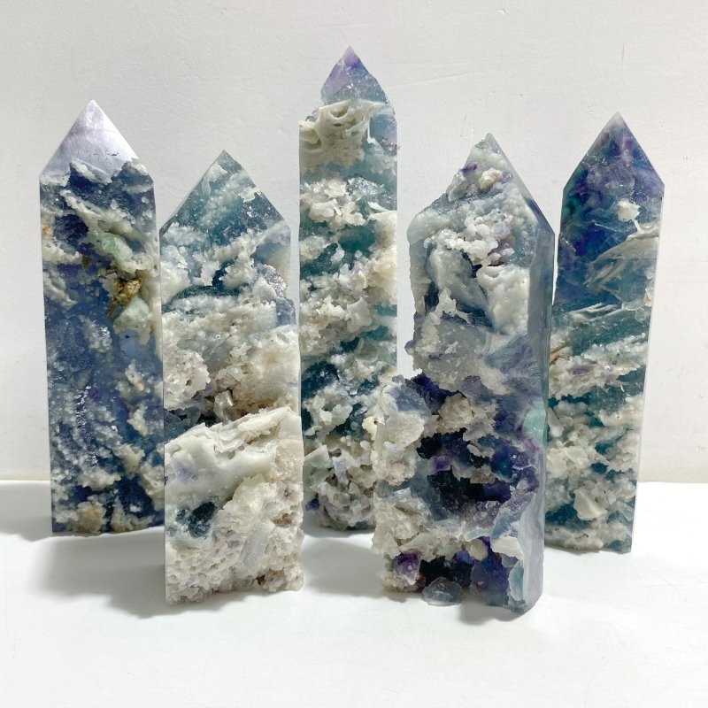 5 Pieces Rainbow Fluorite Raw Side Four-sided Tower Point -Wholesale Crystals