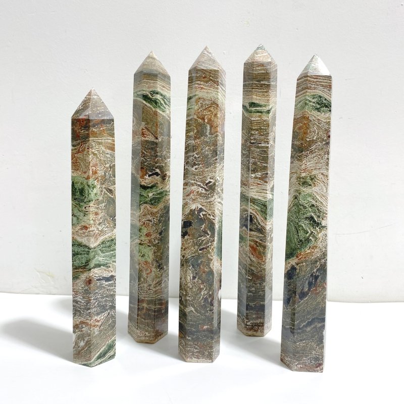 5 Pieces Tall Green Stripe Jasper Point 3 - Wholesale Crystals
