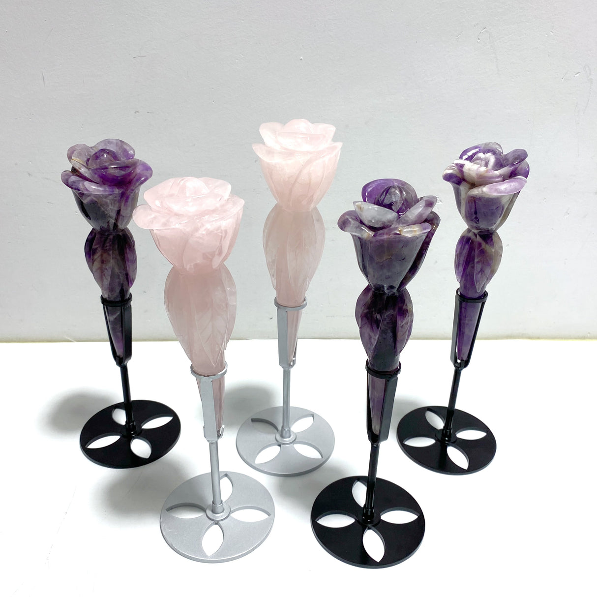 5 Pieces Rose Quartz Chevron Amethyst Flower Carving With Stand
