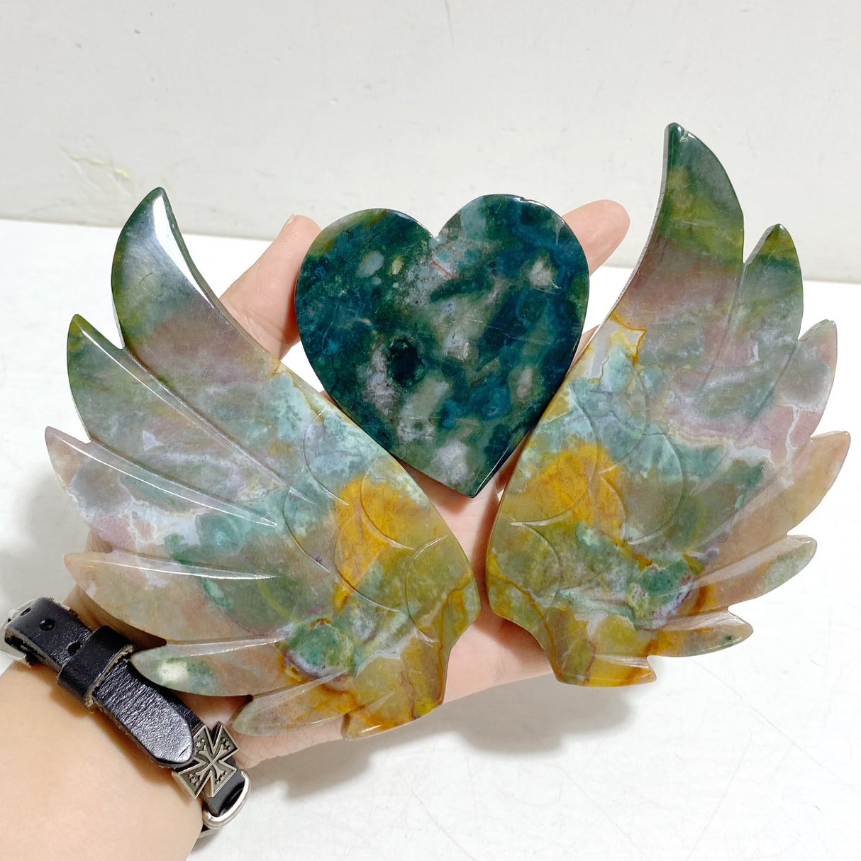 Ocean Jasper Heart Wing Carving With Stand