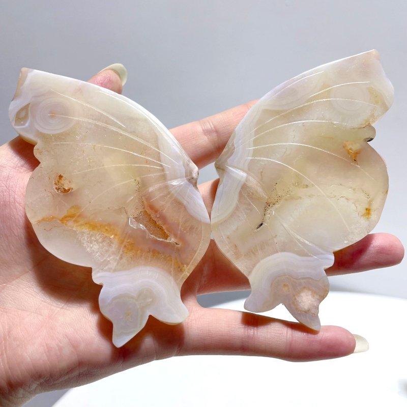 6 Pairs Beautiful Sakura Flower Agate Butterfly Wing Carving With Stand - Wholesale Crystals