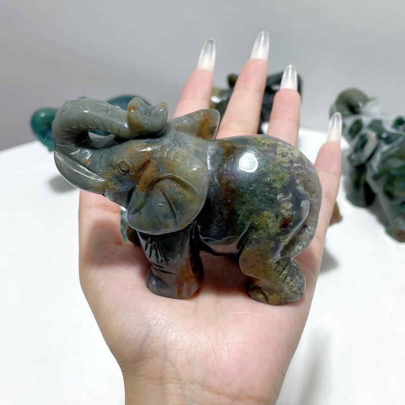 6 Pieces Beautiful Moss Agate Elephant Carving - Wholesale Crystals