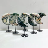6 Pieces Large Geode Green & Pink Moss Agate Moon With Stand Home Decor -Wholesale Crystals