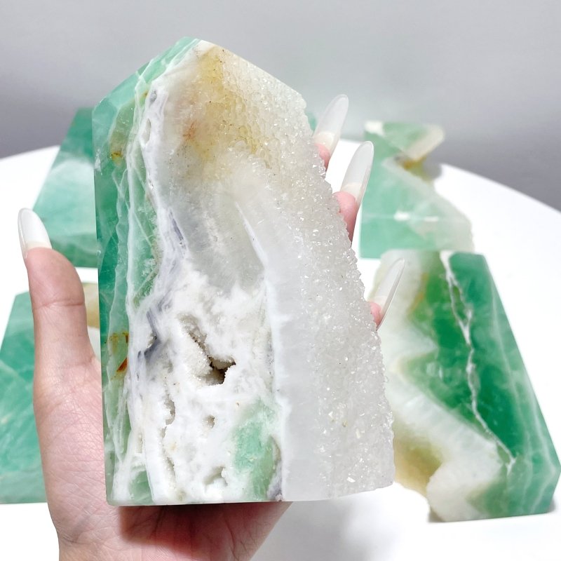 6 Pieces Large Green Fluorite Druzy Geode Tower Points - Wholesale Crystals