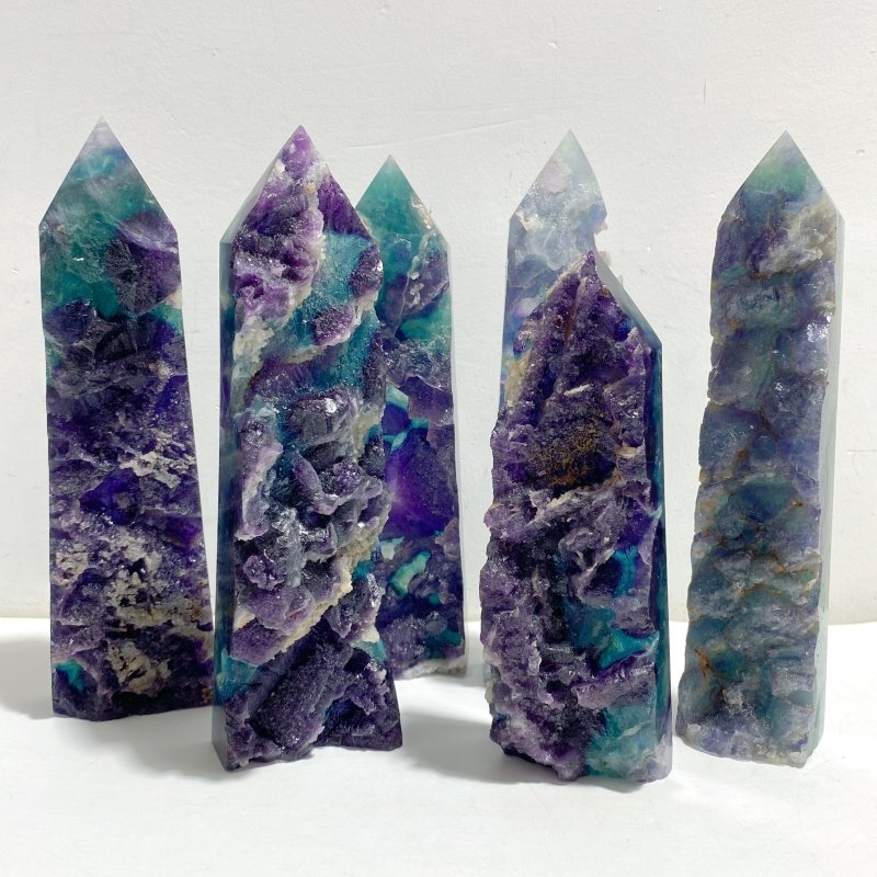 6 Pieces Rainbow Fluorite Raw Side Four-sided Tower Point -Wholesale Crystals