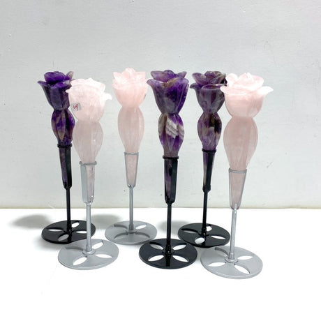 6 Pieces Rose Quartz Chevron Amethyst Flower Carving With Stand - Wholesale Crystals