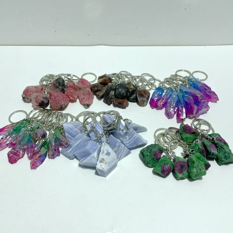 6 Types Raw Stone Keychain Wholesale Blue Lace Agate Black Sunstone - Wholesale Crystals