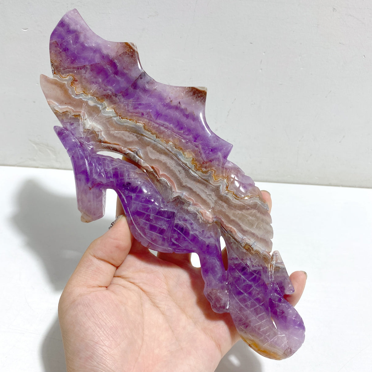Amethyst Mixed Stripe Agate Flying Dragon Carving With Stand