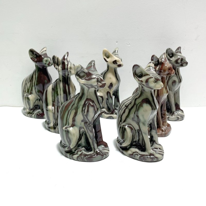7 Pieces China Grey Stripe Stone Cat Carving - Wholesale Crystals