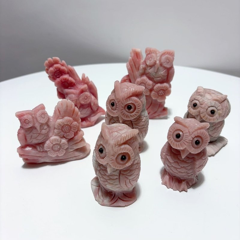 7 Pieces Cute Pink Opal Owl Carving - Wholesale Crystals