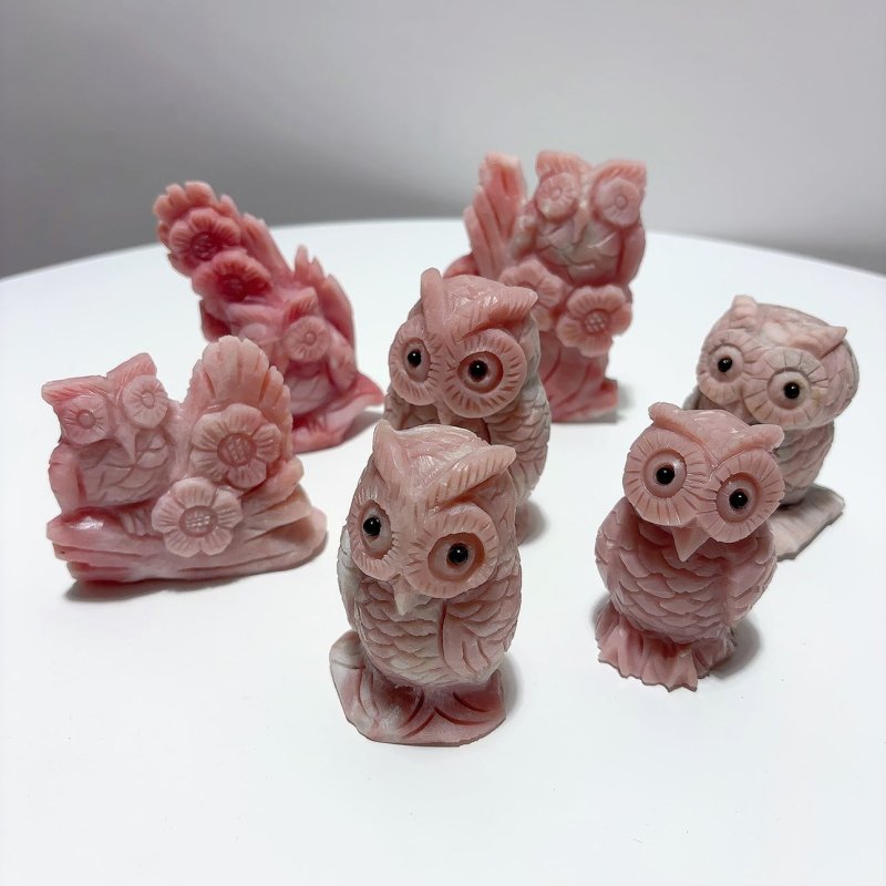 7 Pieces Cute Pink Opal Owl Carving - Wholesale Crystals