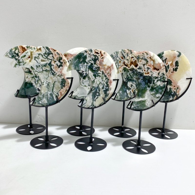 7 Pieces Large Druzy Green & Pink Moss Agate Moon With Stand -Wholesale Crystals