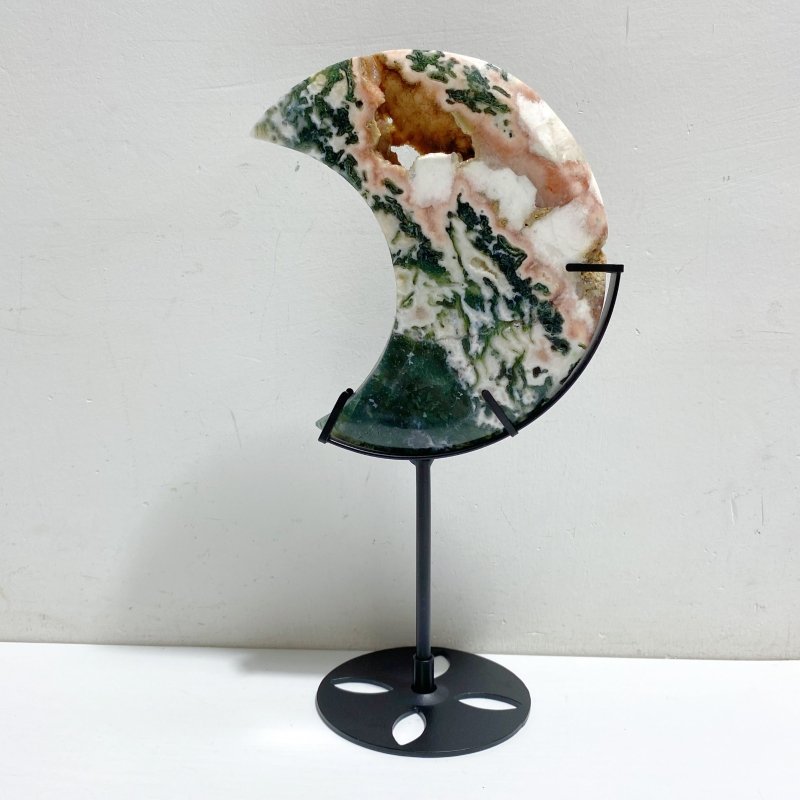 7 Pieces Large Druzy Green & Pink Moss Agate Moon With Stand -Wholesale Crystals