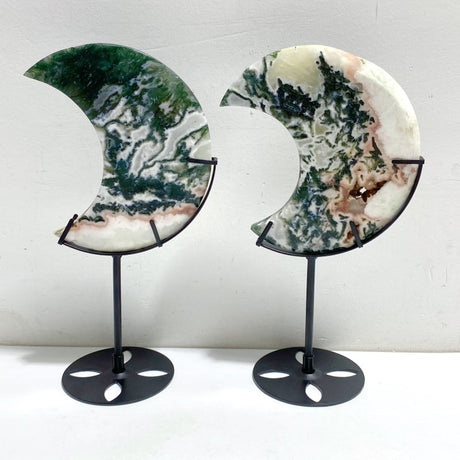 7 Pieces Large Geode Green & Pink Moss Agate Moon Carving With Stand -Wholesale Crystals