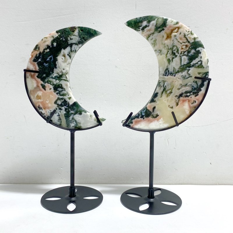 7 Pieces Large Geode Green & Pink Moss Agate Moon Carving With Stand -Wholesale Crystals