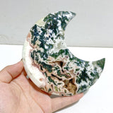 7 Pieces Large Geode Green & Pink Moss Agate Moon Carving With Stand -Wholesale Crystals