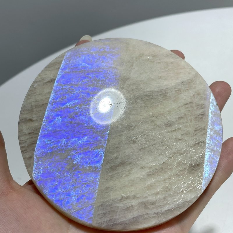 8 Pieces Blue Moonstone Round Plate Home Decoration With Plastic Base - Wholesale Crystals