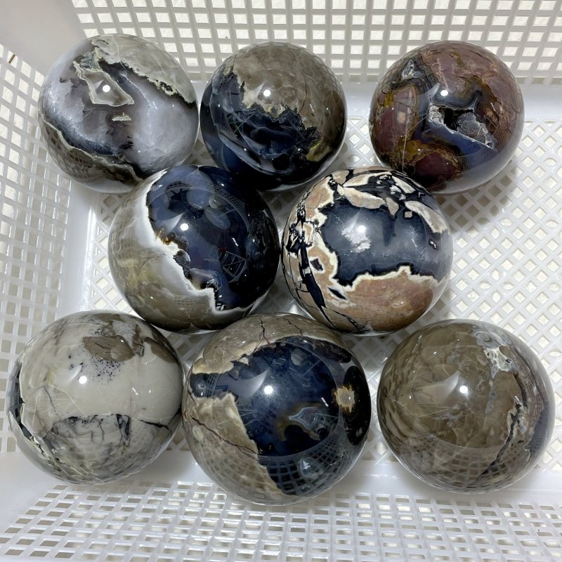 8 Pieces Volcano Agate Spheres (UV Reactive) - Wholesale Crystals