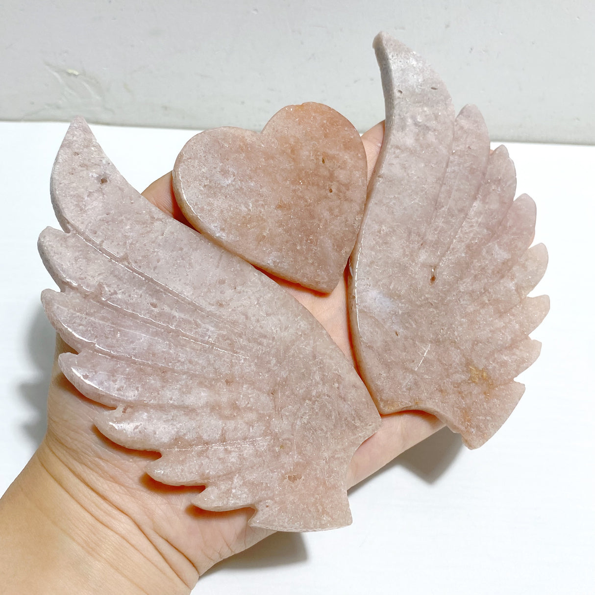 Unique Pink Agate Heart Wing Carving With Stand
