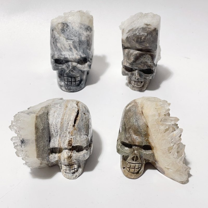 9 Pieces Clear Quartz Cluster Indian Skull Carving - Wholesale Crystals