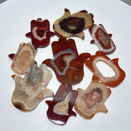 9 Pieces Large Carnelian Geode Hamsa Hand Carving - Wholesale Crystals