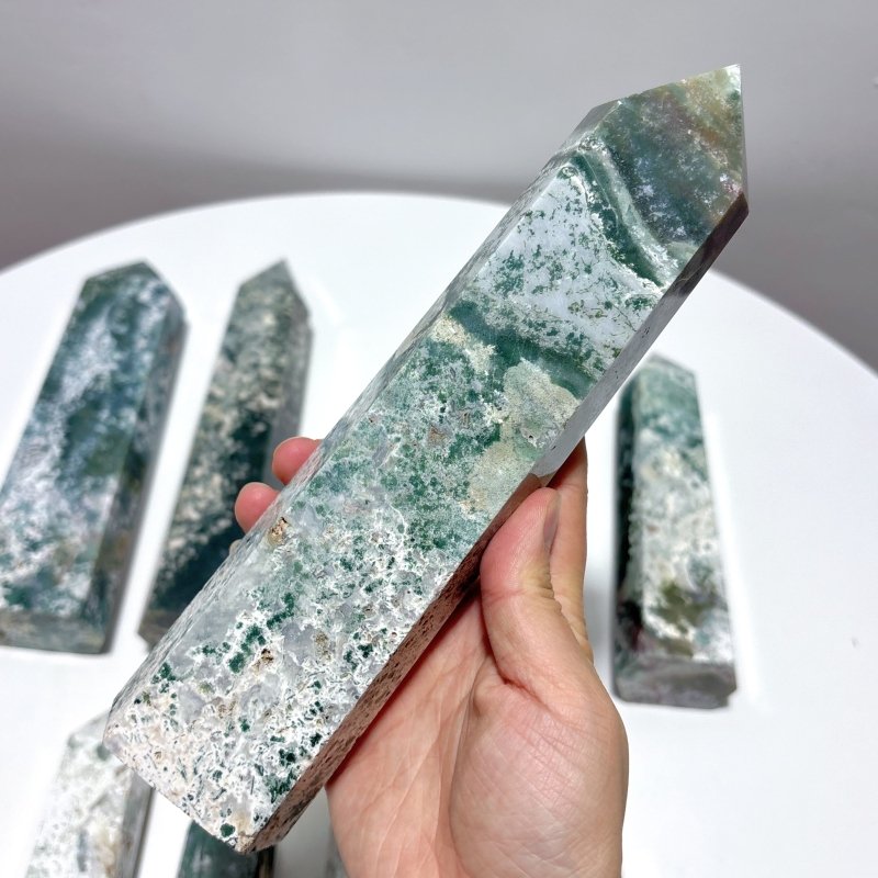 9 Pieces Large White Moss Agate Tower Points Closeout - Wholesale Crystals