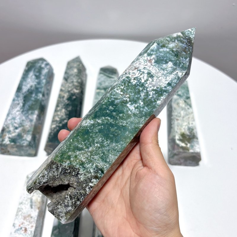 9 Pieces Large White Moss Agate Tower Points Closeout - Wholesale Crystals