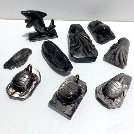 9 Pieces Silver Sheen Obsidian Sea Animals Carving - Wholesale Crystals