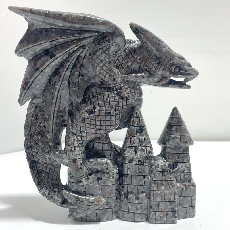 9.4in Unique Yooperlite Flying Dragon With Castle Carving (UV - Reactive) - Wholesale Crystals