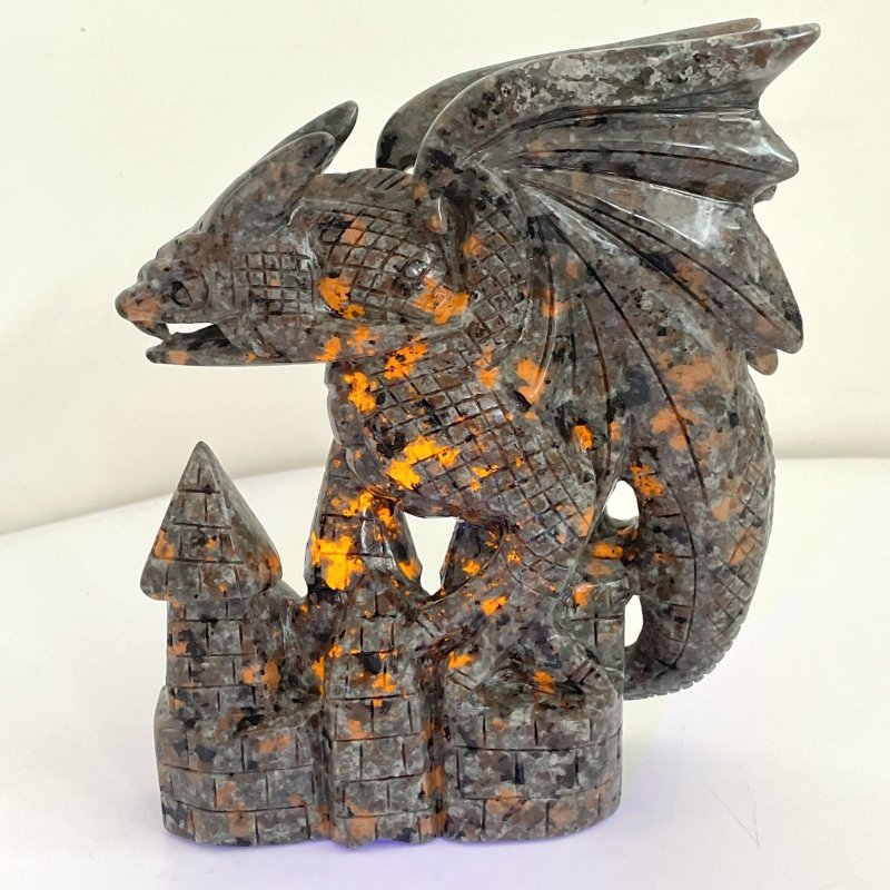 9.4in Unique Yooperlite Flying Dragon With Castle Carving (UV - Reactive) - Wholesale Crystals