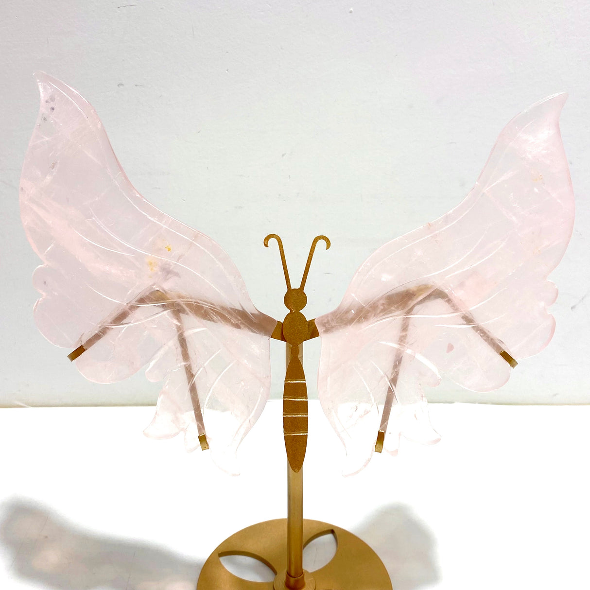 2 Pairs Rose Quartz Butterfly Wing Carving With Stand