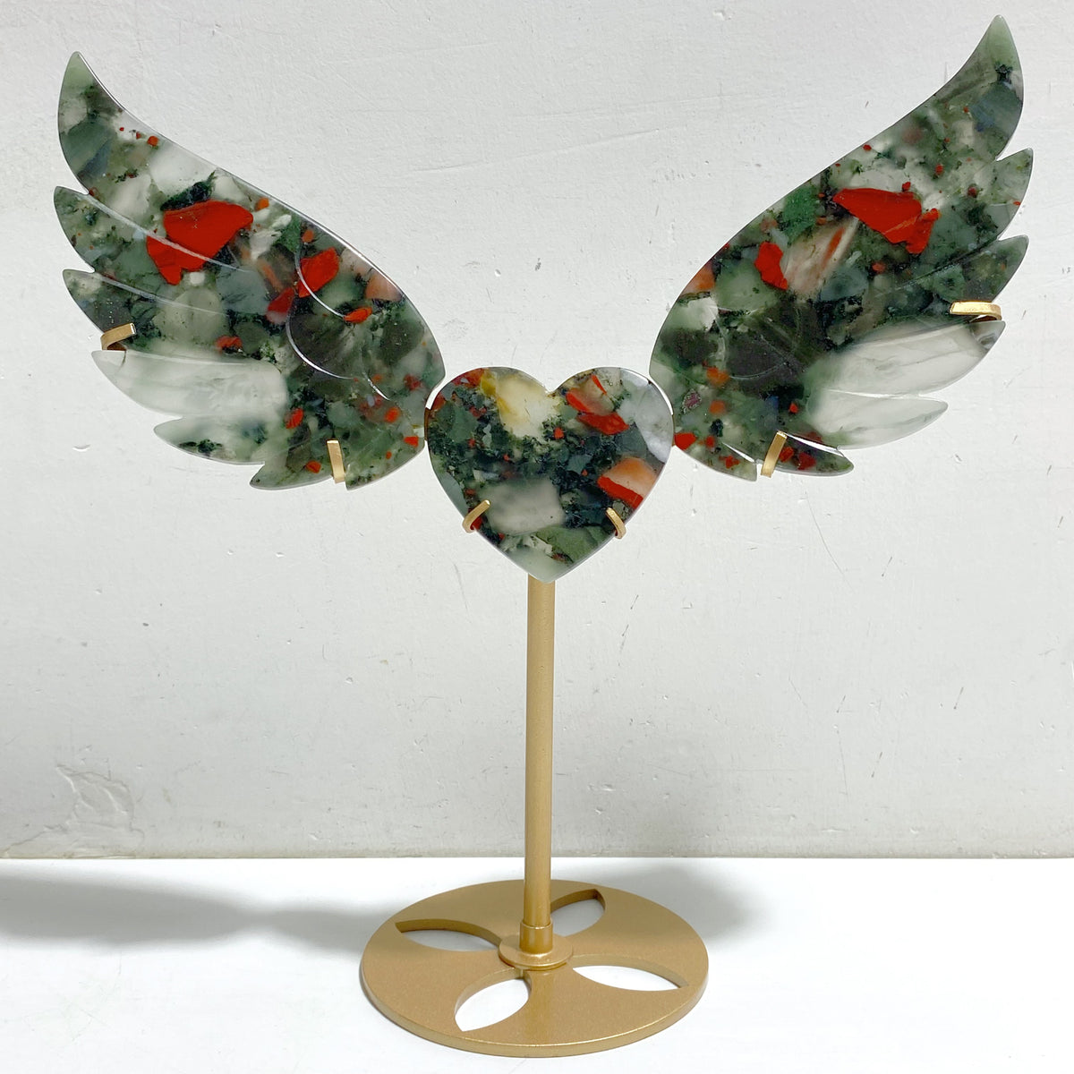 Africa Blood Stone Heart Wing Carving With Stand