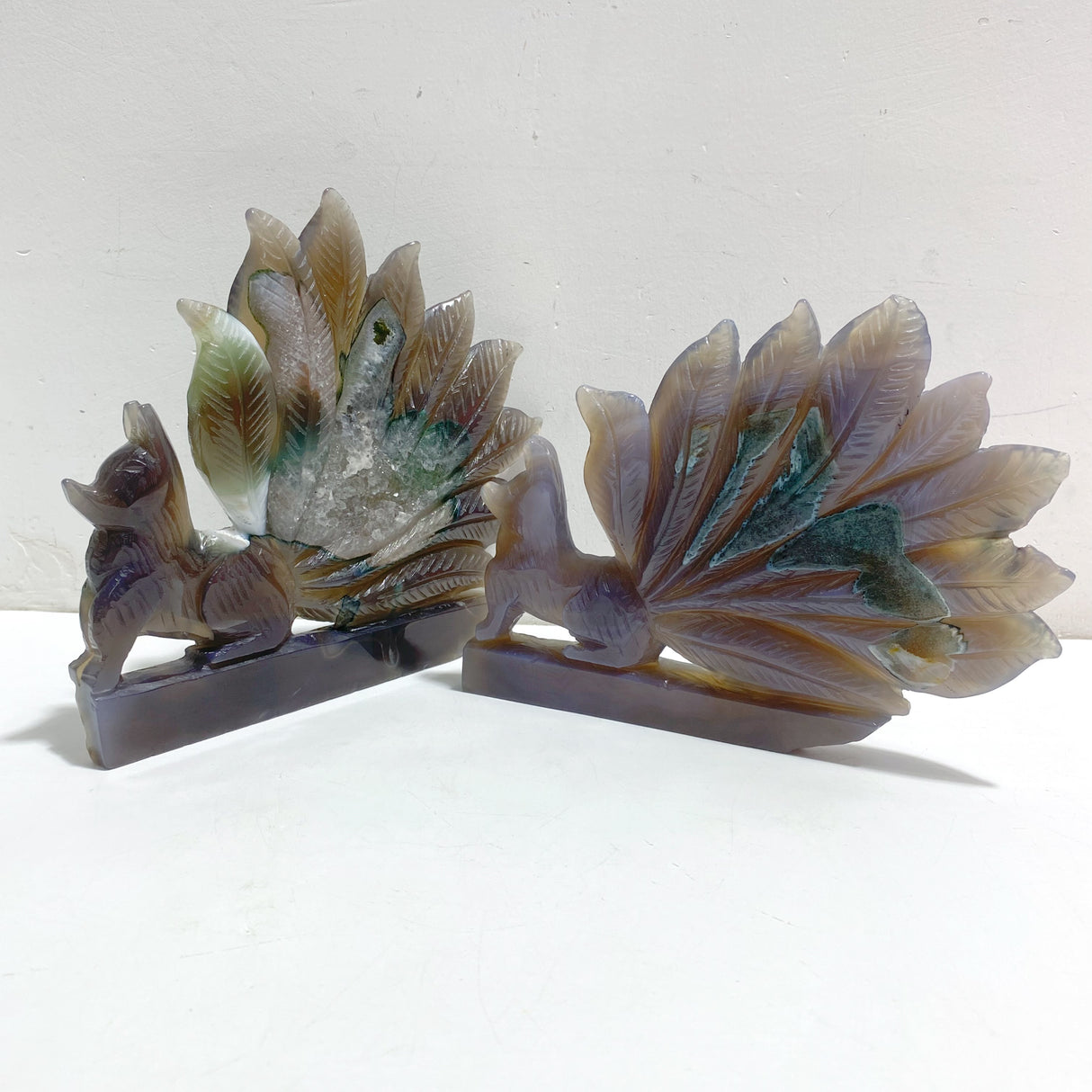 2 Pieces Geode Agate Druzy Nine-tailed Fox Carving #19