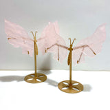 2 Pairs Rose Quartz Butterfly Wing Carving With Stand