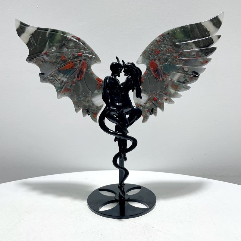 Africa Blood Stone Demon And Angel Wing Carving With Stand - Wholesale Crystals