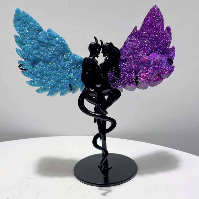 Aura Quartz Cluster Demon And Angel Wing Carving With Stand - Wholesale Crystals