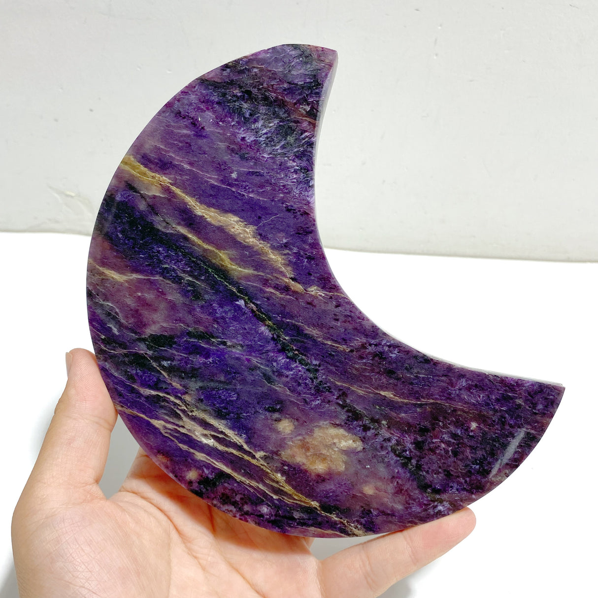 Large Charoite Moon Carving With Stand